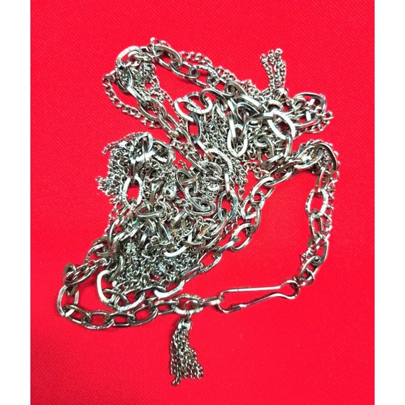 Long Silver Pewter Tone Long Chain Necklace with Accent Tassels - Picture 7 of 8